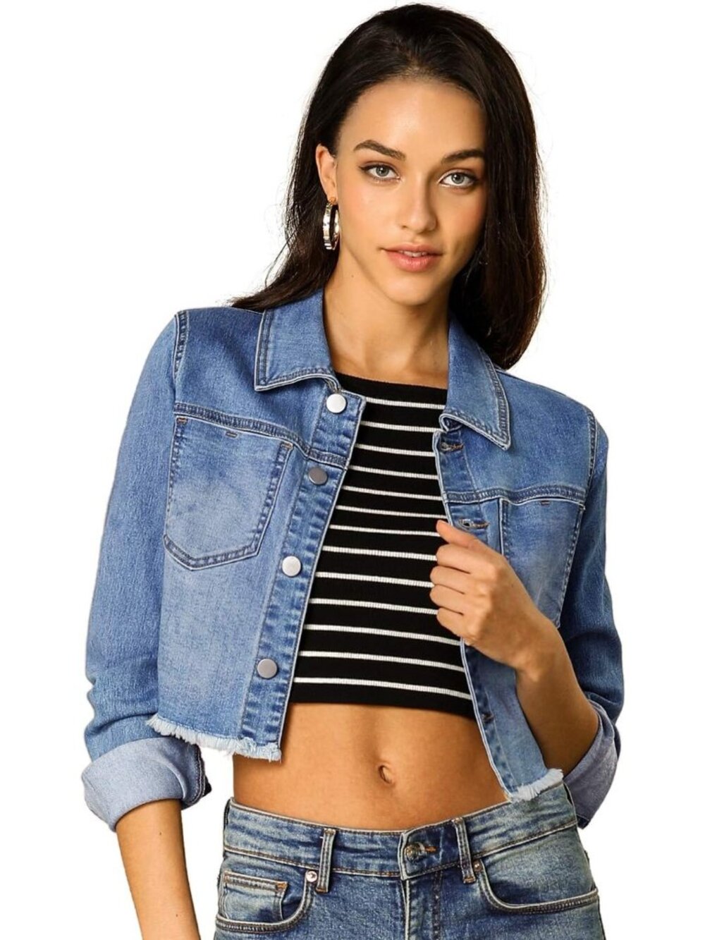 Women's Light Blue Cropped Frayed Hem Turndown Collar Button Up Denim Jacket